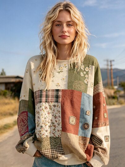 Selamara Plus Size Vintage Patchwork Crew Neck Sweatshirt For Women, Floral & Plaid Print Patchwork Loose Drop Shoulder Casual Pullover Top