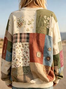 Selamara Plus Size Vintage Patchwork Crew Neck Sweatshirt For Women, Floral & Plaid Print Patchwork Loose Drop Shoulder Casual Pullover Top - White - View 2