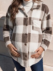 Momance Maternity Plaid Single-Breasted Pocket Casual Loose Fleece Jacket - White - View 9