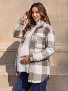 Momance Maternity Plaid Single-Breasted Pocket Casual Loose Fleece Jacket - White - View 6