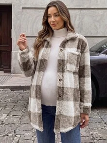 Momance Maternity Plaid Single-Breasted Pocket Casual Loose Fleece Jacket - White - View 8