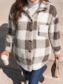 Momance Maternity Plaid Single-Breasted Pocket Casual Loose Fleece Jacket - White - View 3