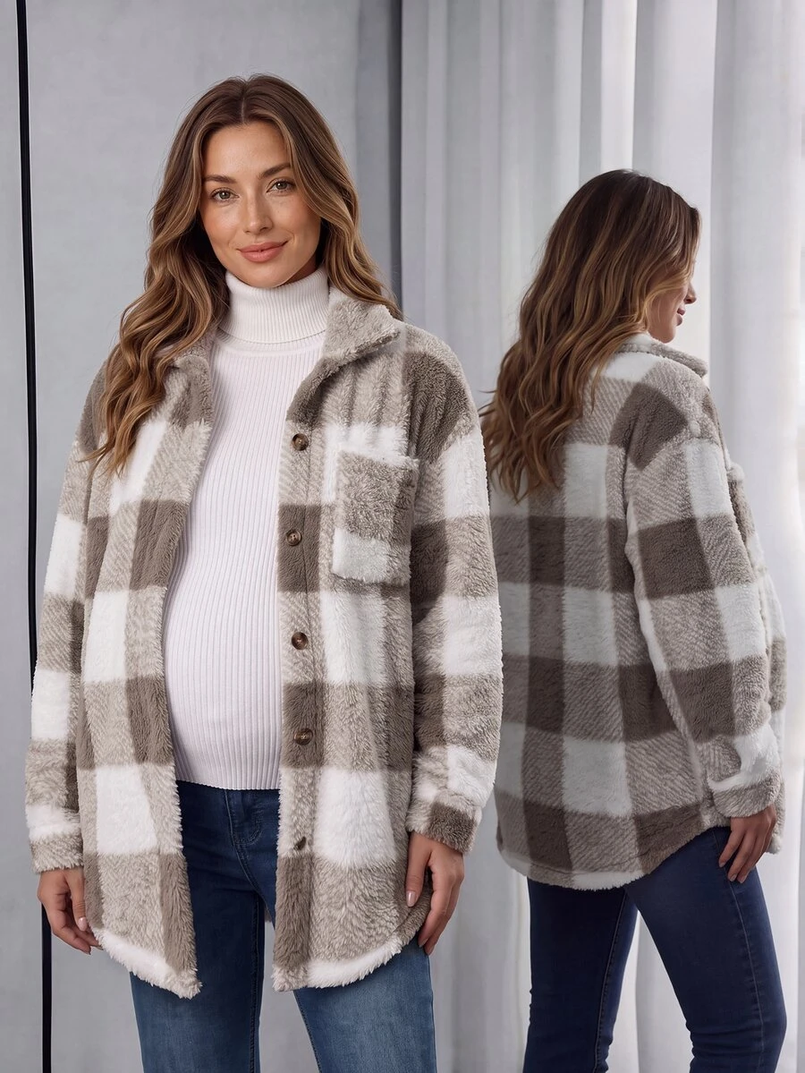 Momance Maternity Plaid Single-Breasted Pocket Casual Loose Fleece Jacket - White - View 1