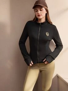 Nima Coro Embroidery Patch Zipper Casual Daily Wear Long Sleeve Top,Reverse Side Fleece Super Warm - Black - View 4