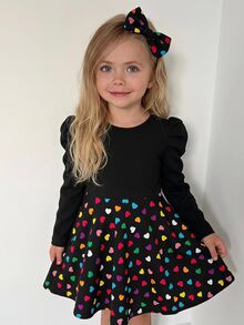 SHEIN Kids Young Girl Knit Solid Color Round Neck Gigot Sleeve Patchwork Heart Pattern Hem Casual Dress - Black - View 1