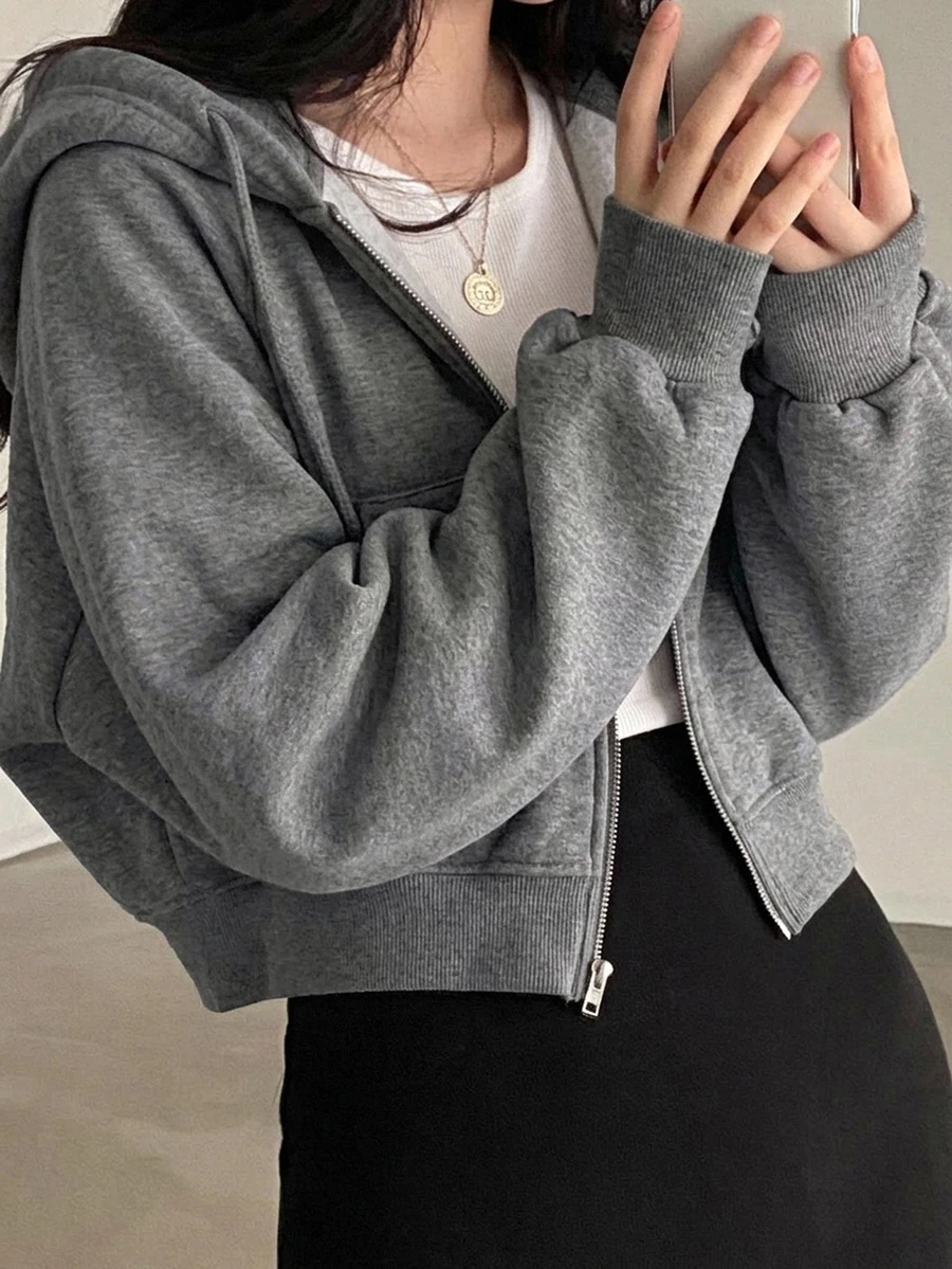 DAZY 女款短版拉鍊抽繩運動衫 - 灰色 - 查看 1
