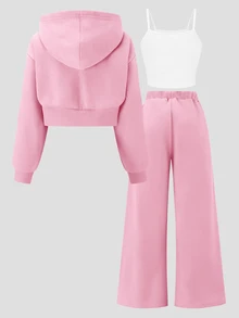 SHEIN 女童休閒運動簡約背心 + 短版拉鍊連帽外套 + 寬腿褲套裝，適合學校假期，粉色，秋季運動，白色，2026 秋冬 - 粉色 - 查看 2