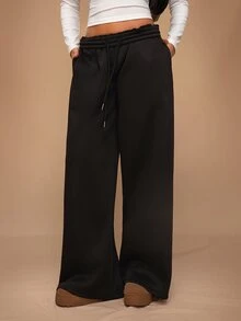 SHEIN Forever 21 Autumn/Winter New Casual Loose High Waist Elastic Waist Wide Leg Sweatpants, Versatile & Slimming - Black - View 5