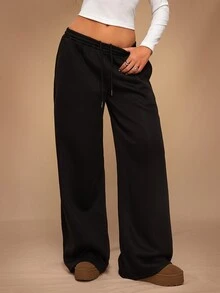 SHEIN Forever 21 Autumn/Winter New Casual Loose High Waist Elastic Waist Wide Leg Sweatpants, Versatile & Slimming - Black - View 1