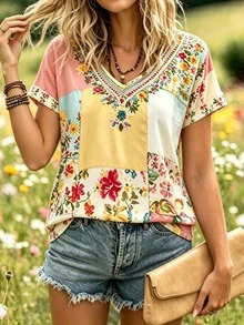Bytebia Bytebia Plus Size Bohemian Soft Form Style Blue And White Floral Faux Embroidery V-Neck T-Shirt, Summer Vacation Casual Short Sleeve Tee Office Vacation - Multicolor - View 6