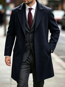 Manfinity CasualCool 男士純色口袋鈕扣前襟長袖大衣，適合秋冬季與正式場合 - 藏蓝色 - 查看 1