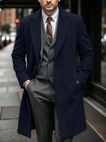 Manfinity CasualCool 男士純色口袋鈕扣前襟長袖大衣，適合秋冬季與正式場合 - 藏蓝色 - 查看 6