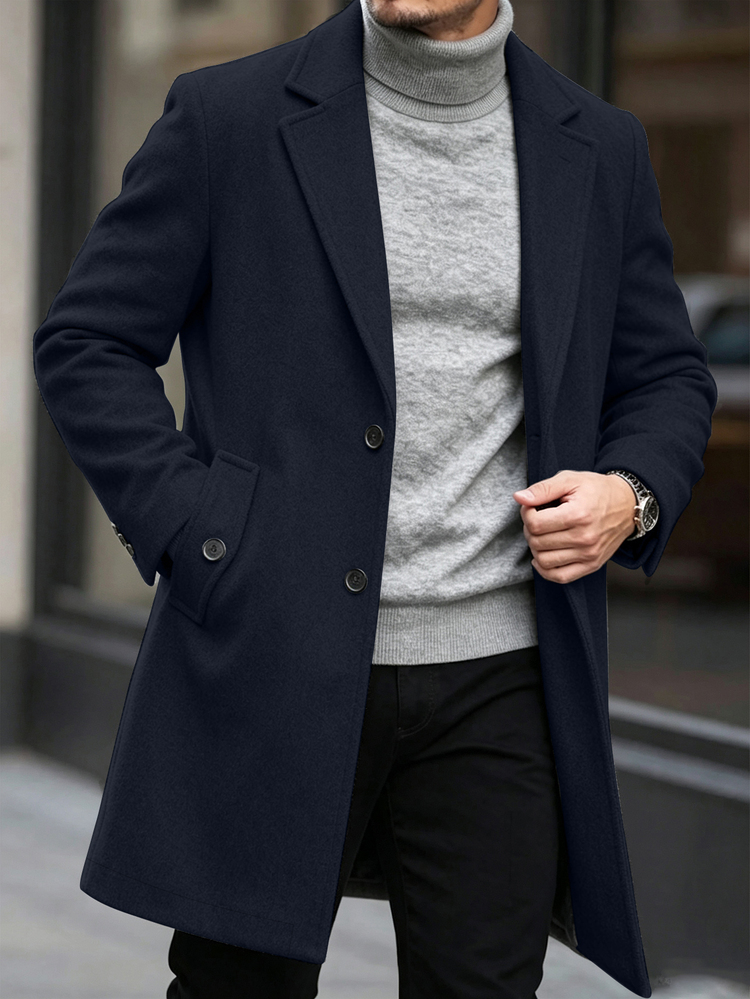 Manfinity CasualCool Men's Solid Color Pocket & Button Front Long Sleeve Overcoat, Autumn Fall, Winter Ceremony - Navy Blue - View 4