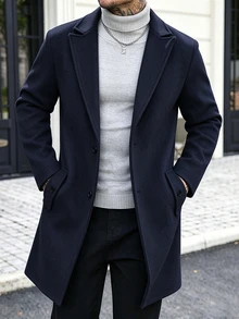 Manfinity CasualCool 男士純色口袋鈕扣前襟長袖大衣，適合秋冬季與正式場合 - 藏蓝色 - 查看 3