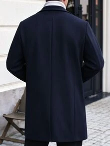 Manfinity CasualCool 男士純色口袋鈕扣前襟長袖大衣，適合秋冬季與正式場合 - 藏蓝色 - 查看 2