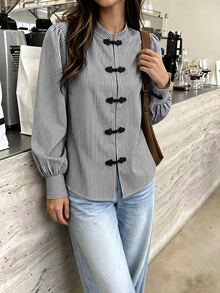 SHEIN PariChic 秋冬優雅女款襯衫，條紋襯衫，鈕扣襯衫，正式商務，派對婚禮，生日，節日，外出，畢業，休閒黑色襯衫 - 黑色 - 查看 4