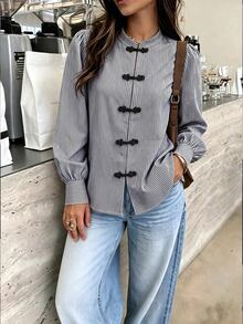 SHEIN PariChic 秋冬優雅女款襯衫，條紋襯衫，鈕扣襯衫，正式商務，派對婚禮，生日，節日，外出，畢業，休閒黑色襯衫 - 黑色 - 查看 5