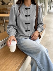 SHEIN PariChic 秋冬優雅女款襯衫，條紋襯衫，鈕扣襯衫，正式商務，派對婚禮，生日，節日，外出，畢業，休閒黑色襯衫 - 黑色 - 查看 7