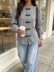 SHEIN PariChic 秋冬優雅女款襯衫，條紋襯衫，鈕扣襯衫，正式商務，派對婚禮，生日，節日，外出，畢業，休閒黑色襯衫 - 黑色 - 查看 6