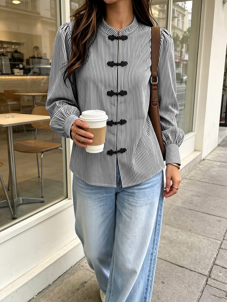 SHEIN PariChic Fall/Winter Elegant Women Blouse,Striped Shirt,Button Up Shirt,Formal Business,PartyWedding,Brithday,Festival,Going Out,Graduation,Casual Black Blouse - Black - View 6