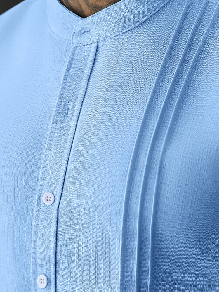 Manfinity Homme Men's Casual Long Sleeve Button-Up Shirt,Solid Color Texture Light Blue Summer Work Business Commute Wrinkle Double Patch Bag Light For Fall, Formal - Blue - View 3