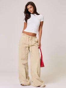 MUSERA Drawstring Waist Wide Leg Jeans Winter Spring Summer Fall Autumn - Apricot - View 1