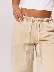 MUSERA Drawstring Waist Wide Leg Jeans Winter Spring Summer Fall Autumn - Apricot - View 5
