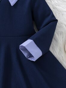 Elladie kids 女童純色長袖彼得潘領撞色領口仙女公主風修身傘擺A字溜冰裙 7歲生日海軍藍秋季 - 藍色 - 查看 7