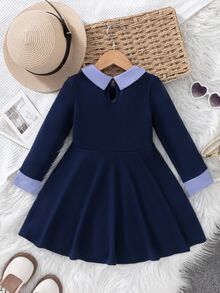 Elladie kids 女童純色長袖彼得潘領撞色領口仙女公主風修身傘擺A字溜冰裙 7歲生日海軍藍秋季 - 藍色 - 查看 3