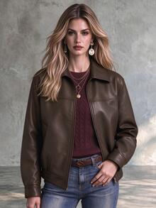 INAWLY Women's Solid Color Long Sleeve Zip-Up Casual Jacket - Brown - View 2