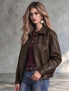 INAWLY Women's Solid Color Long Sleeve Zip-Up Casual Jacket - Brown - View 4