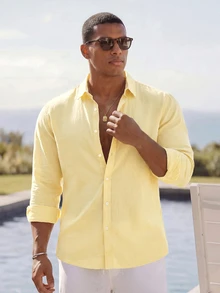 Ocevento Men Casual Yellow Long Sleeve Button Down Shirt For Summer Beach Style Lightweight Yellow Collared Button Up Shirt Perfect For Vacations - Light Yellow - View 5
