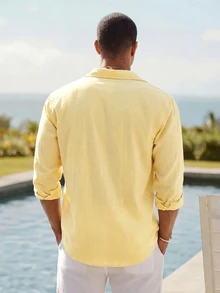 Ocevento Men Casual Yellow Long Sleeve Button Down Shirt For Summer Beach Style Lightweight Yellow Collared Button Up Shirt Perfect For Vacations - Light Yellow - View 3