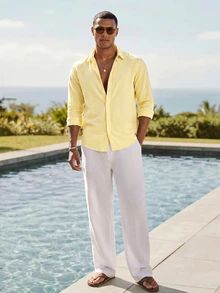 Ocevento Men Casual Yellow Long Sleeve Button Down Shirt For Summer Beach Style Lightweight Yellow Collared Button Up Shirt Perfect For Vacations - Light Yellow - View 4
