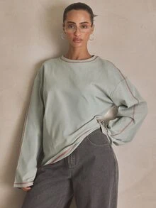MUSERA Washed Oversized Long Sleeve Top Summer, Sporty, Casual, Day, Streetstyle, Streetwear Spring Fall Autumn Halloween Winter - Green - View 1