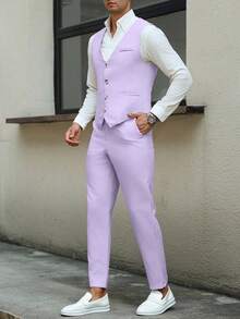 Manfinity AFTRDRK Men Business Formal Button Front Waistcoat And Tailored Pants And Men Vest Suit Clothing 2 Pieces Set, Ceremony - Purple - View 6