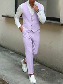 Manfinity AFTRDRK Men Business Formal Button Front Waistcoat And Tailored Pants And Men Vest Suit Clothing 2 Pieces Set, Ceremony - Purple - View 5