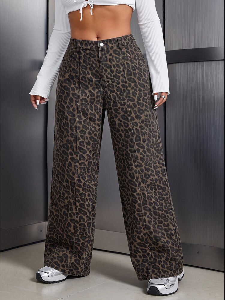 Selenza Celana Jeans Denim Kasual Sehari-hari Motif Leopard dengan Kancing untuk Wanita Ukuran Besar - MultiWarna - View 3