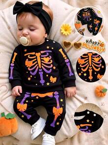 Newborn Baby Outfit Set, Funny Cartoon Cute Heart Bow Star Halloween Black Sweatshirt And Sweatpants 2 Pieces Set, Daily Wear For Autumn/Winter - Multicolor - View 1
