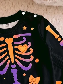 Newborn Baby Outfit Set, Funny Cartoon Cute Heart Bow Star Halloween Black Sweatshirt And Sweatpants 2 Pieces Set, Daily Wear For Autumn/Winter - Multicolor - View 4