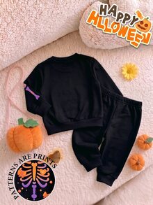 Newborn Baby Outfit Set, Funny Cartoon Cute Heart Bow Star Halloween Black Sweatshirt And Sweatpants 2 Pieces Set, Daily Wear For Autumn/Winter - Multicolor - View 2