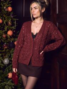 Anewsta Women's Autumn/Winter Cable Knit Sequin Decorated V-Neck Cardigan Sweater - Burgundy - View 3