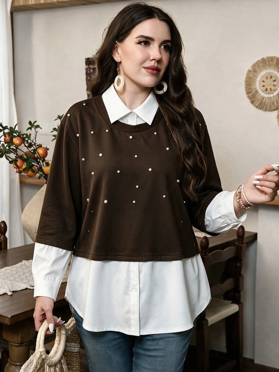 Lacomfia Women's 2 In 1 Long Sleeve Colorblock Pearl Decor Casual Comfortable Minimalist Chic Plus Size Sweatshirt - Brown - View 1