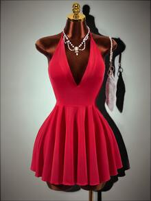 Mistrie Women's Halter Neck Deep V-Neck Solid Color Sexy Dress - Red - View 2