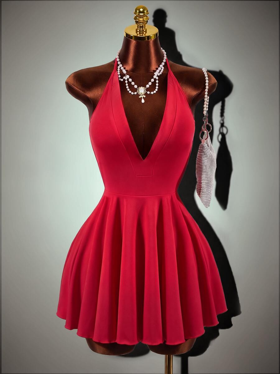 Mistrie Women's Halter Neck Deep V-Neck Solid Color Sexy Dress