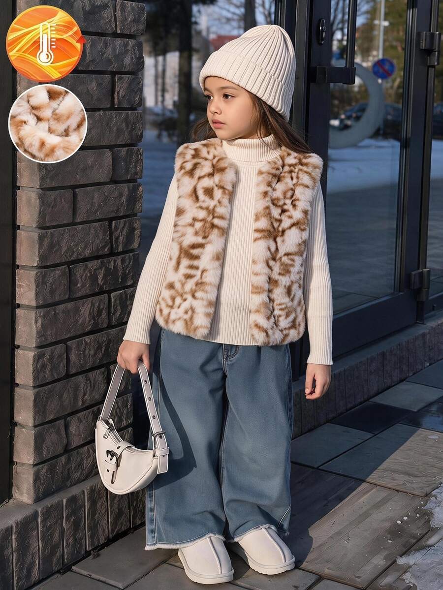 Young Girls Back To School Season New Fashionable Leopard Print Faux Fur Vest Jacket, Suitable For Autumn/Winter Outdoor, Daily, Party Wear - Multicolor - View 1