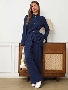 EMERY ROSE Women's Solid Color Knot Waist Long Sleeve Top And Pants Casual Elegant Daily 2 Pieces Set Office Navy Blue Autumn - Blue - View 9