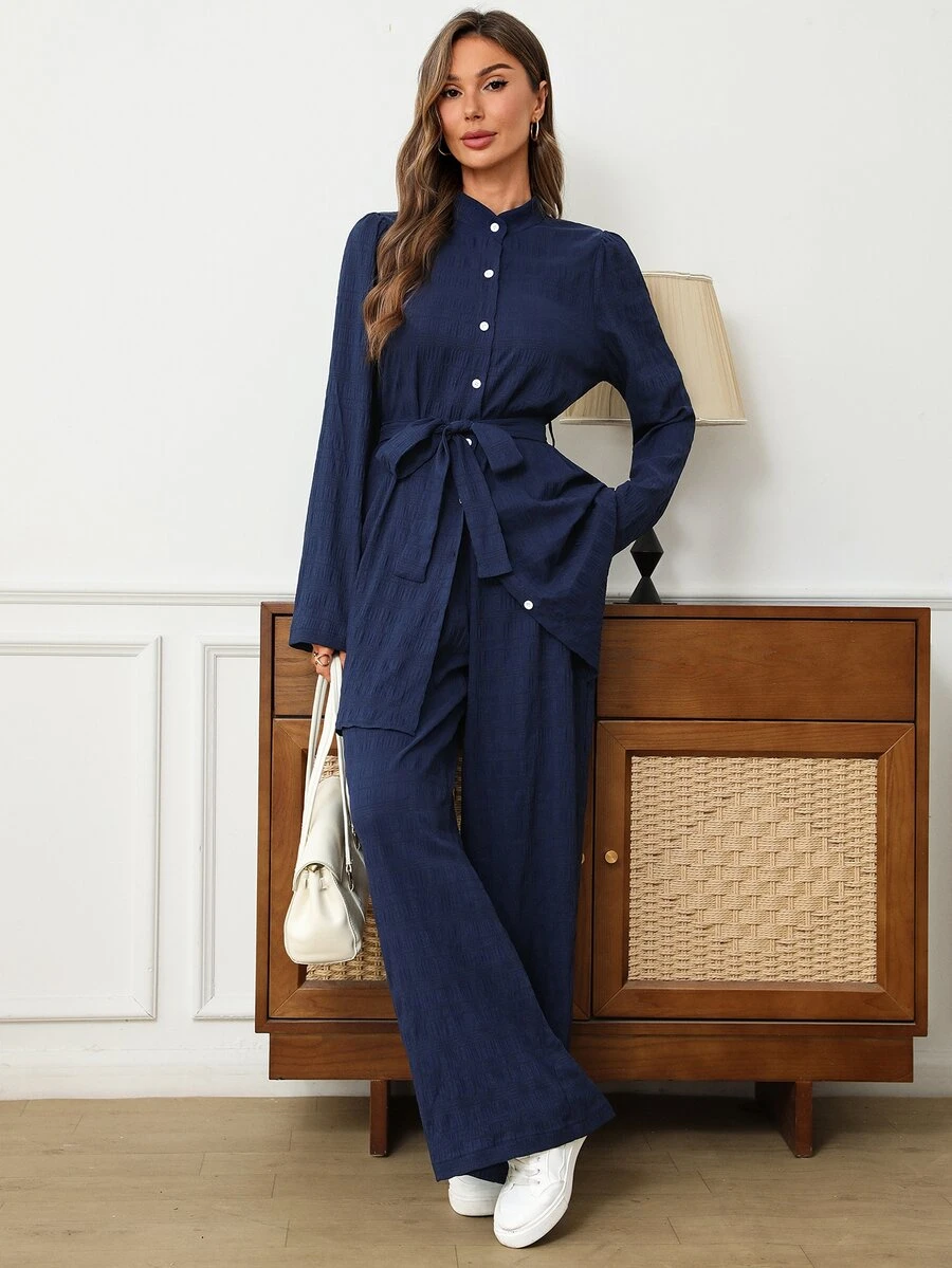 EMERY ROSE Women's Solid Color Knot Waist Long Sleeve Top And Pants Casual Elegant Daily 2 Pieces Set Office Navy Blue Autumn - Blue - View 1
