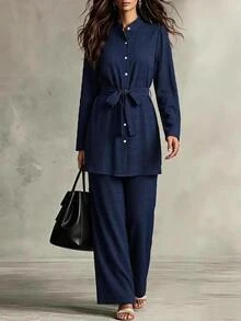EMERY ROSE Women's Solid Color Knot Waist Long Sleeve Top And Pants Casual Elegant Daily 2 Pieces Set Office Navy Blue Autumn - Blue - View 1