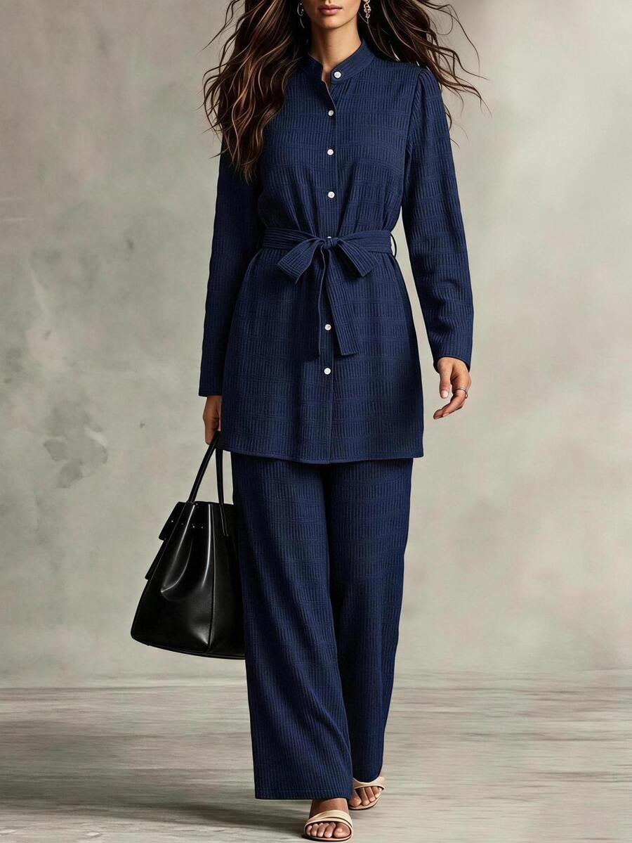 EMERY ROSE Women's Solid Color Knot Waist Long Sleeve Top And Pants Casual Elegant Daily 2 Pieces Set Office Navy Blue Autumn - Blue - View 1